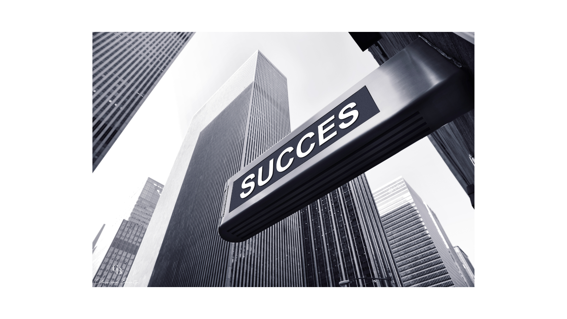 Personal growth. A success sign against a backdrop of modern skyscrapers